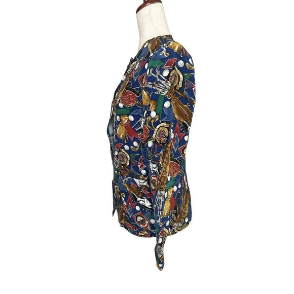 Vtg Women Golf All Over Print Top Topper Silky Elegant Button Front Country Club - Picture 5 of 11